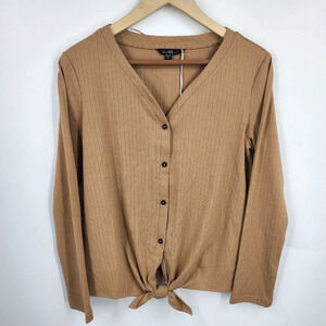Velvet Heart Cori V-Neck Button Tie Front Ribbed Top In Camel Womens Size S NWT‎
